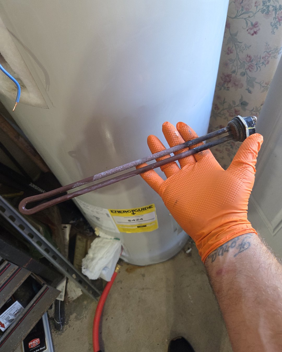 Scaled, corroded electric water heater element removed during a maintenance visit in Palm Harbor